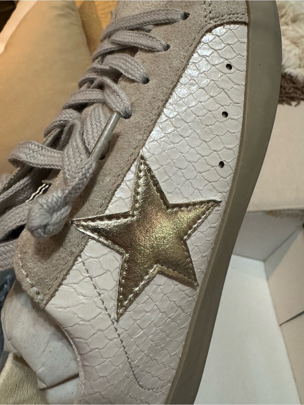 ShuShop Taupe Suede & White Textured Sneaker with Gold Star